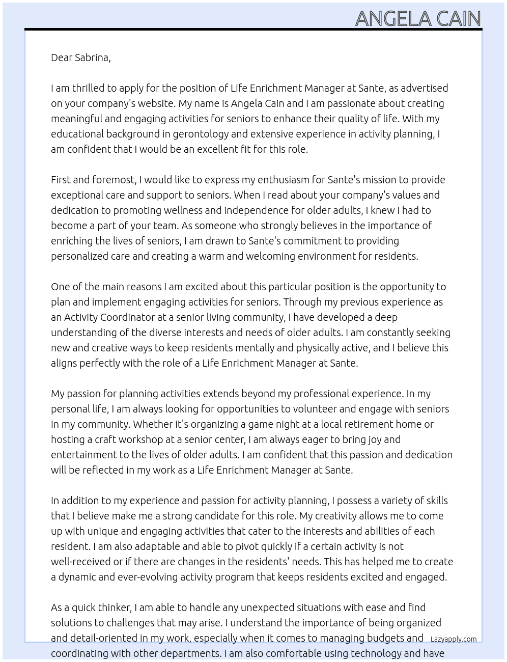 Life enrichment manager At Sante  Cover Letter