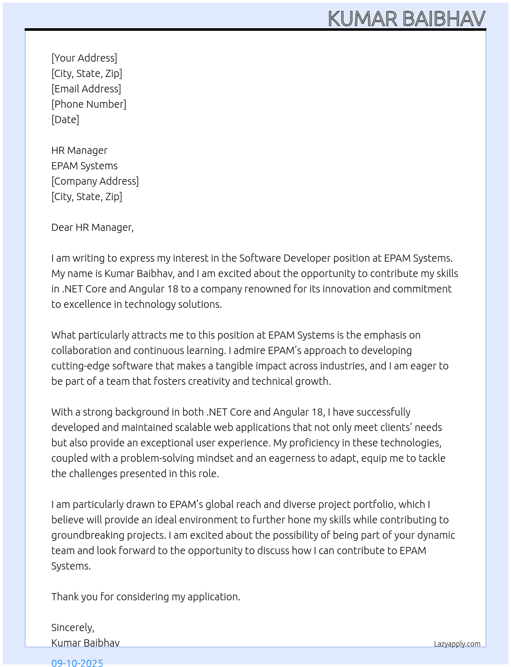 Software Developer At EPAM Systems Cover Letter