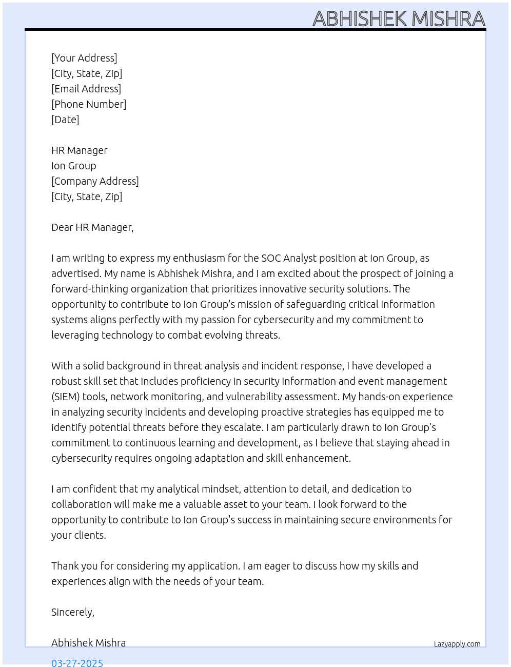 SOC analyst At Ion Group Cover Letter