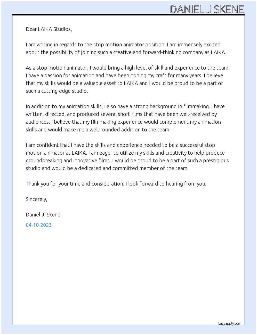Stop motion animator At LAIKA Studios Cover Letter