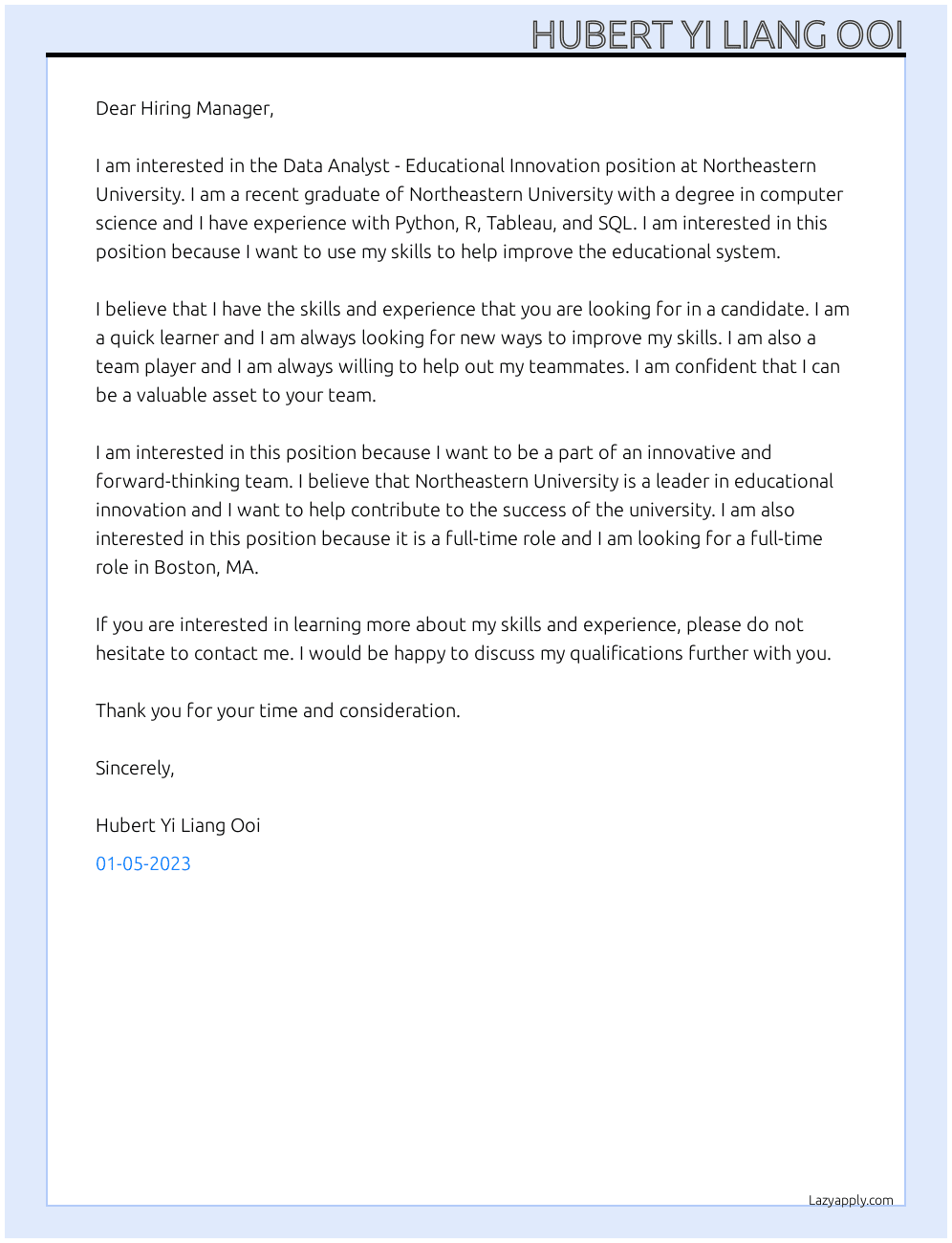 Cover letter for data analyst - educational innovation - LazyApply