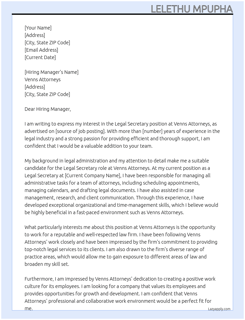 Legal Secretary  At Venns Attorneys Cover Letter