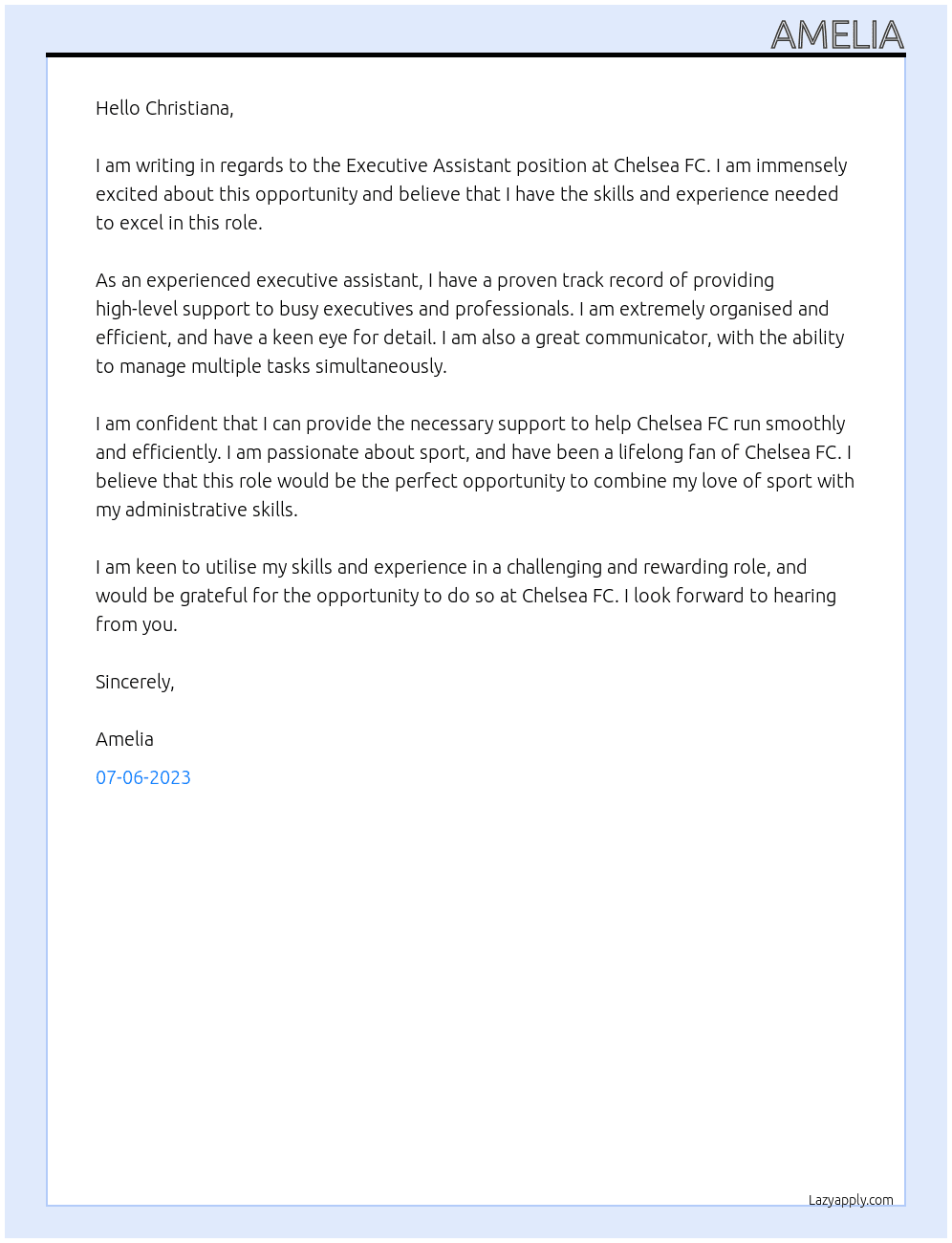 Executive Assistant At Chelsea FC Cover Letter