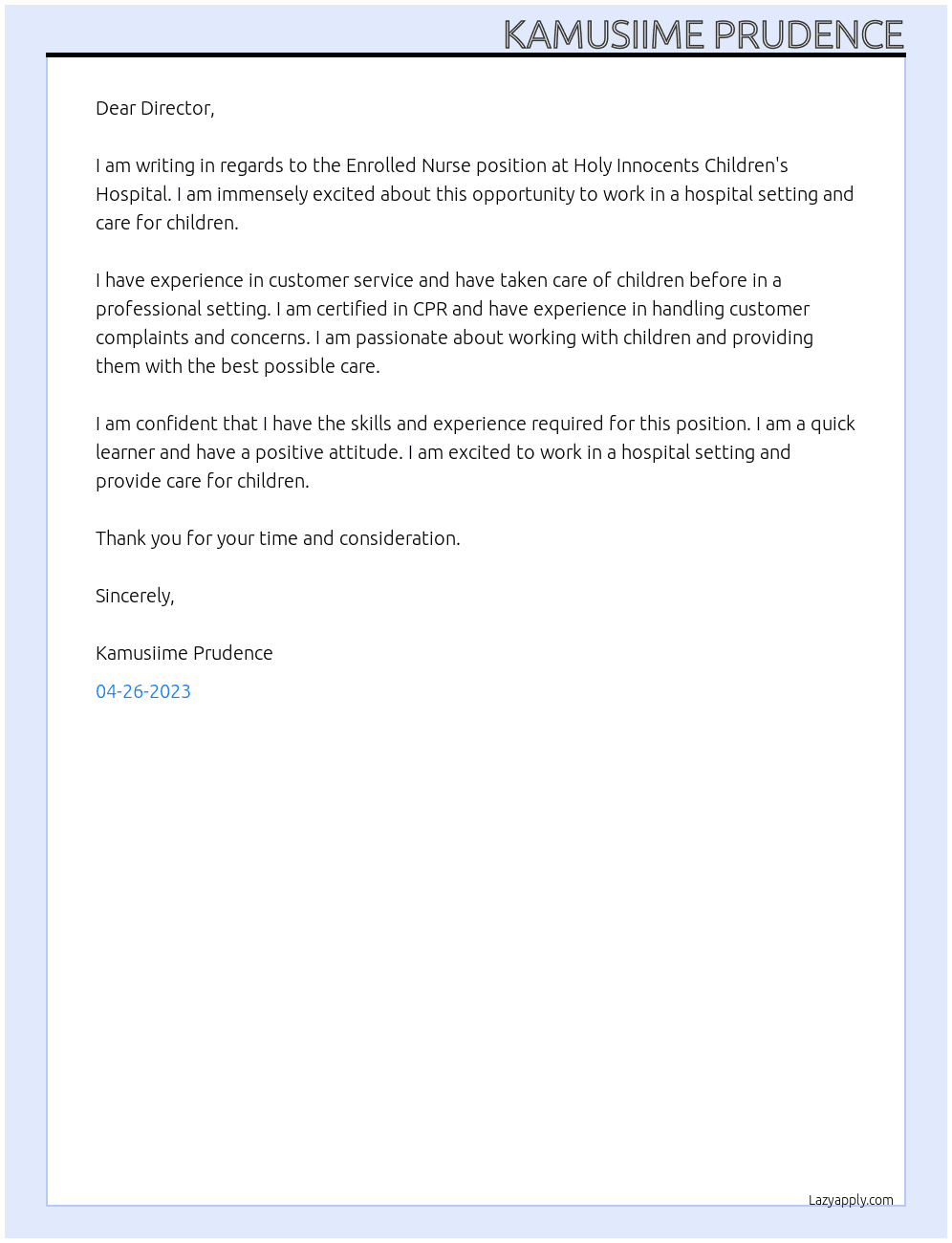 Enrolled Nurse At Holy Innocents Children's Hospital Cover Letter
