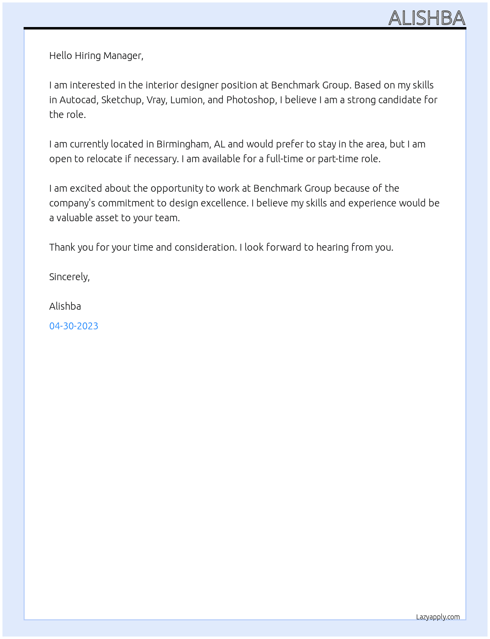 Interior Designer At Benchmark Group Cover Letter