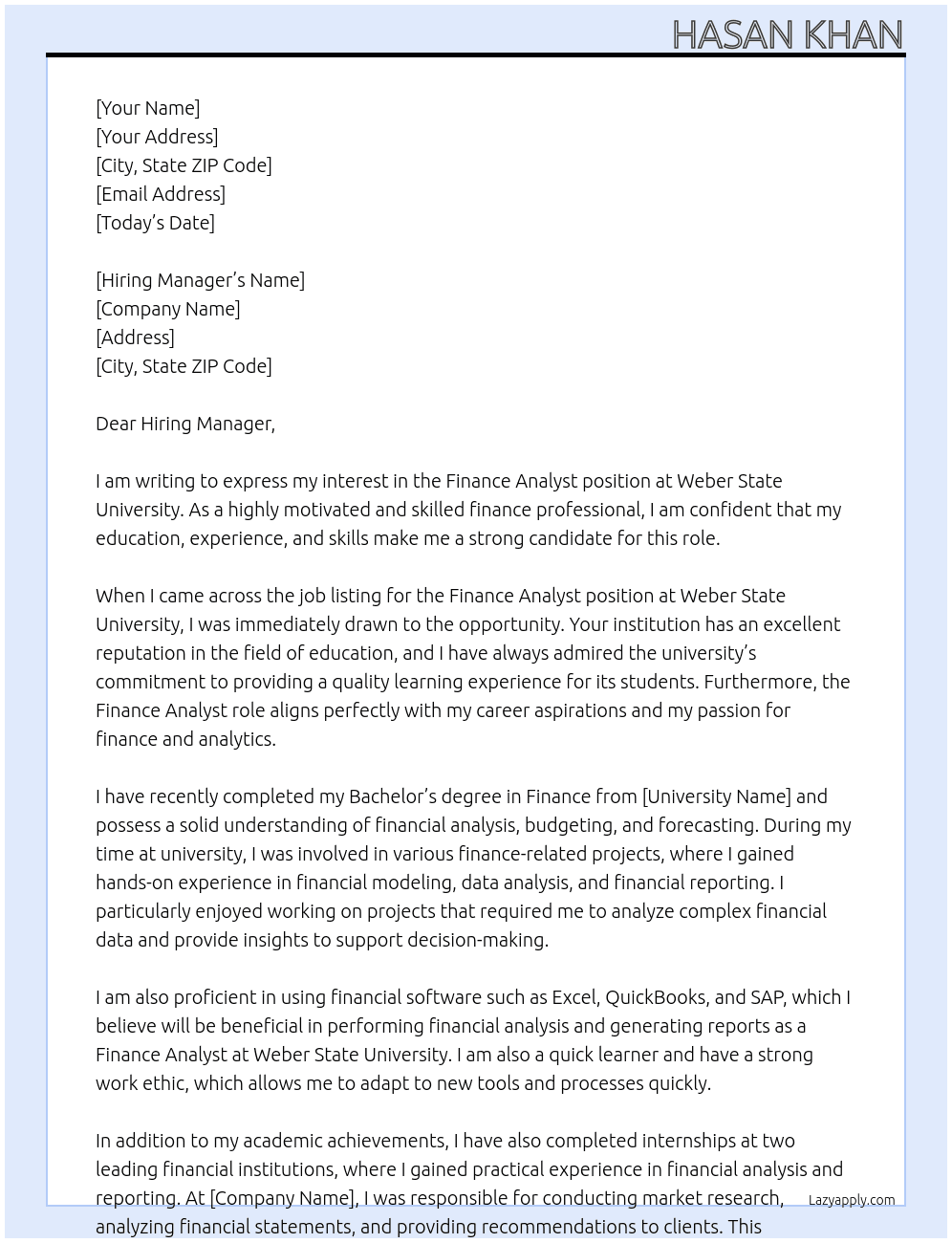 Finance Analyst  At weber state university Cover Letter
