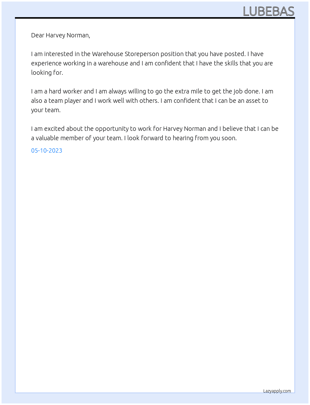 Warehouse Storeperson At Harvey Norman Cover Letter