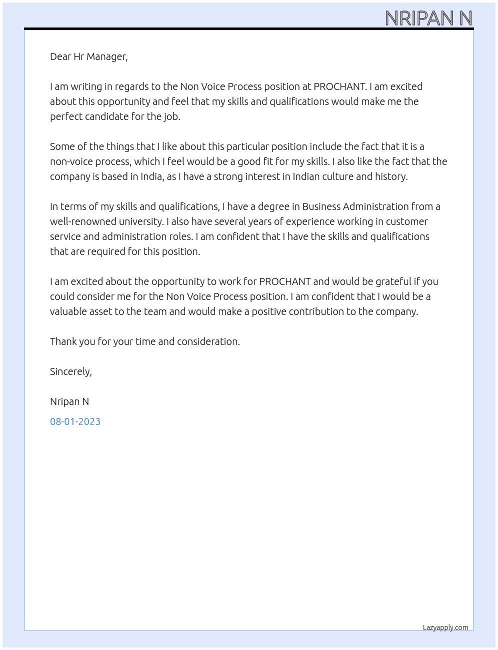 Non Voice Process  At PROCHANT Cover Letter