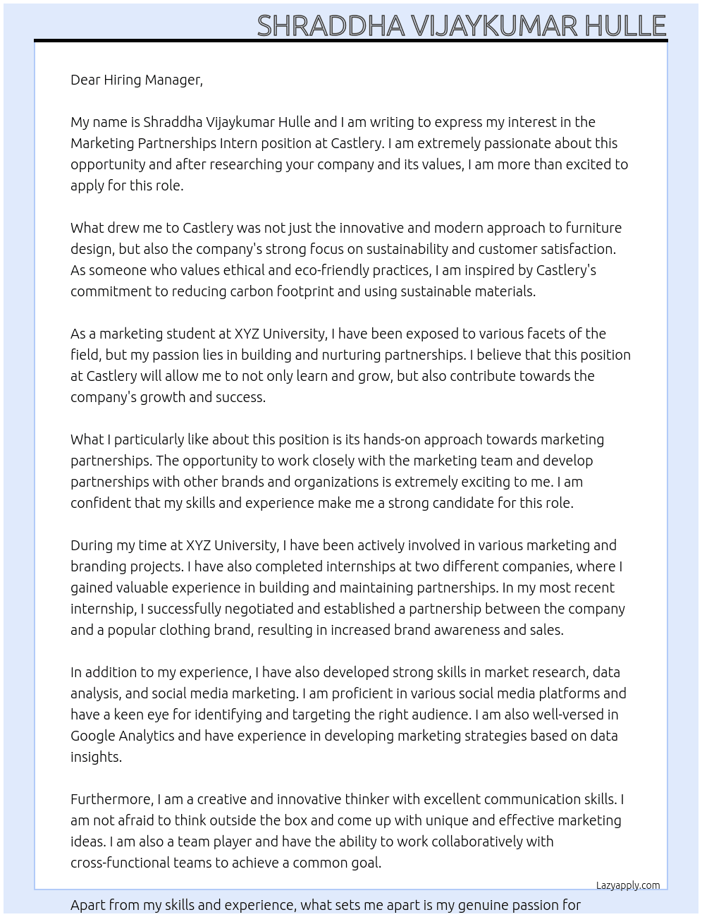 Marketing Partnerships Intern At Castlery Cover Letter