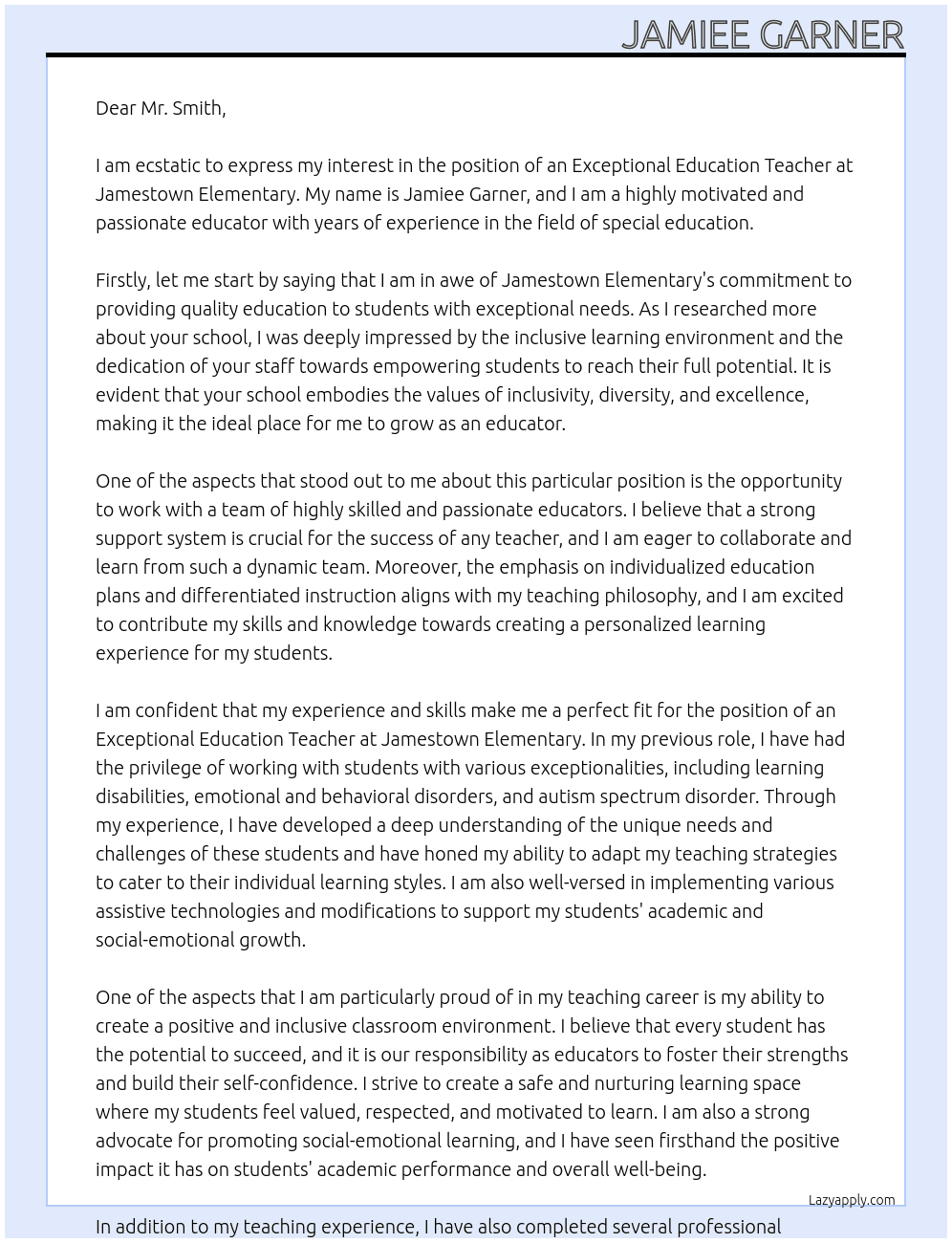Exceptional Education Teacher At Jamestown Elementary  Cover Letter