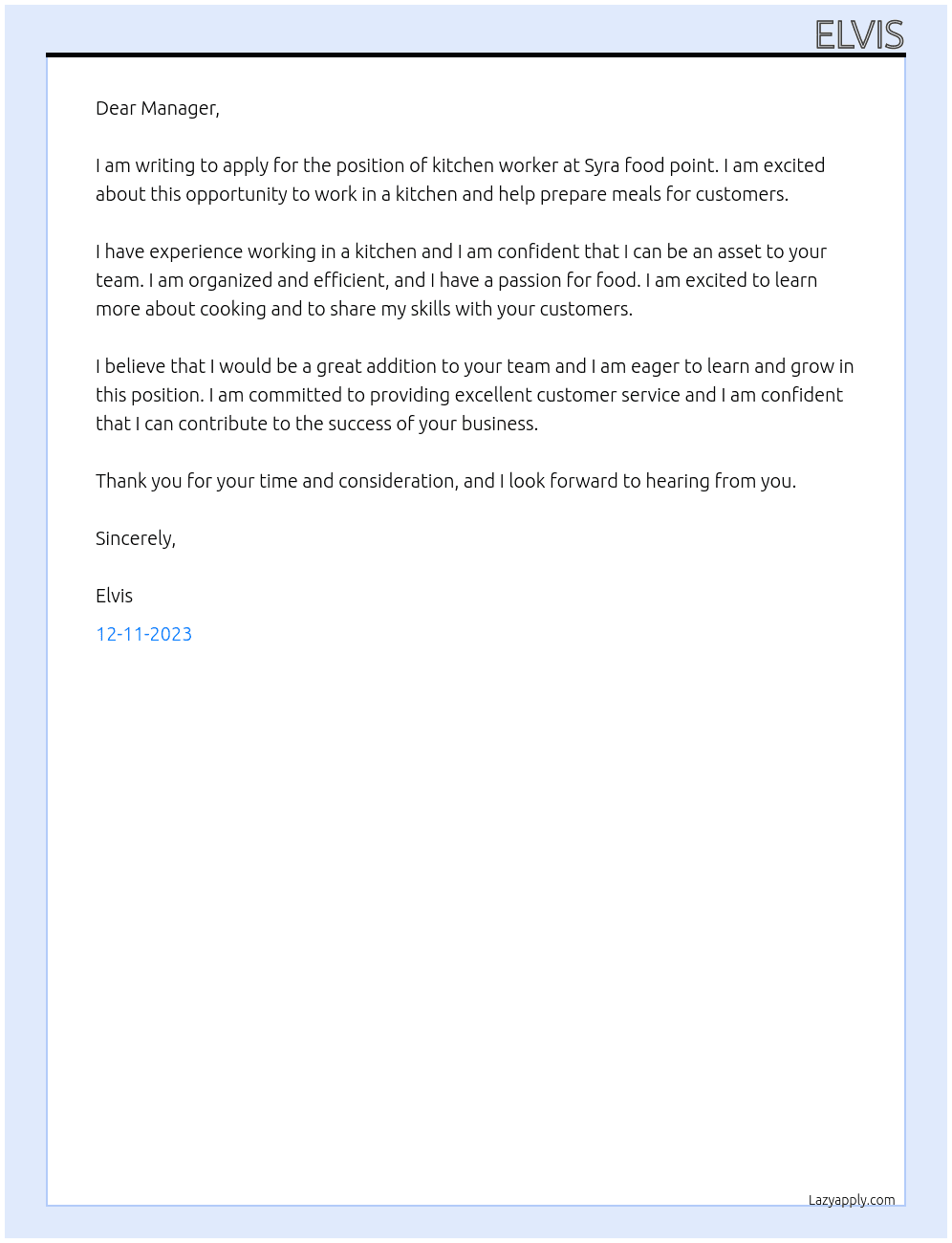 Kitchen worker At Syra food point  Cover Letter