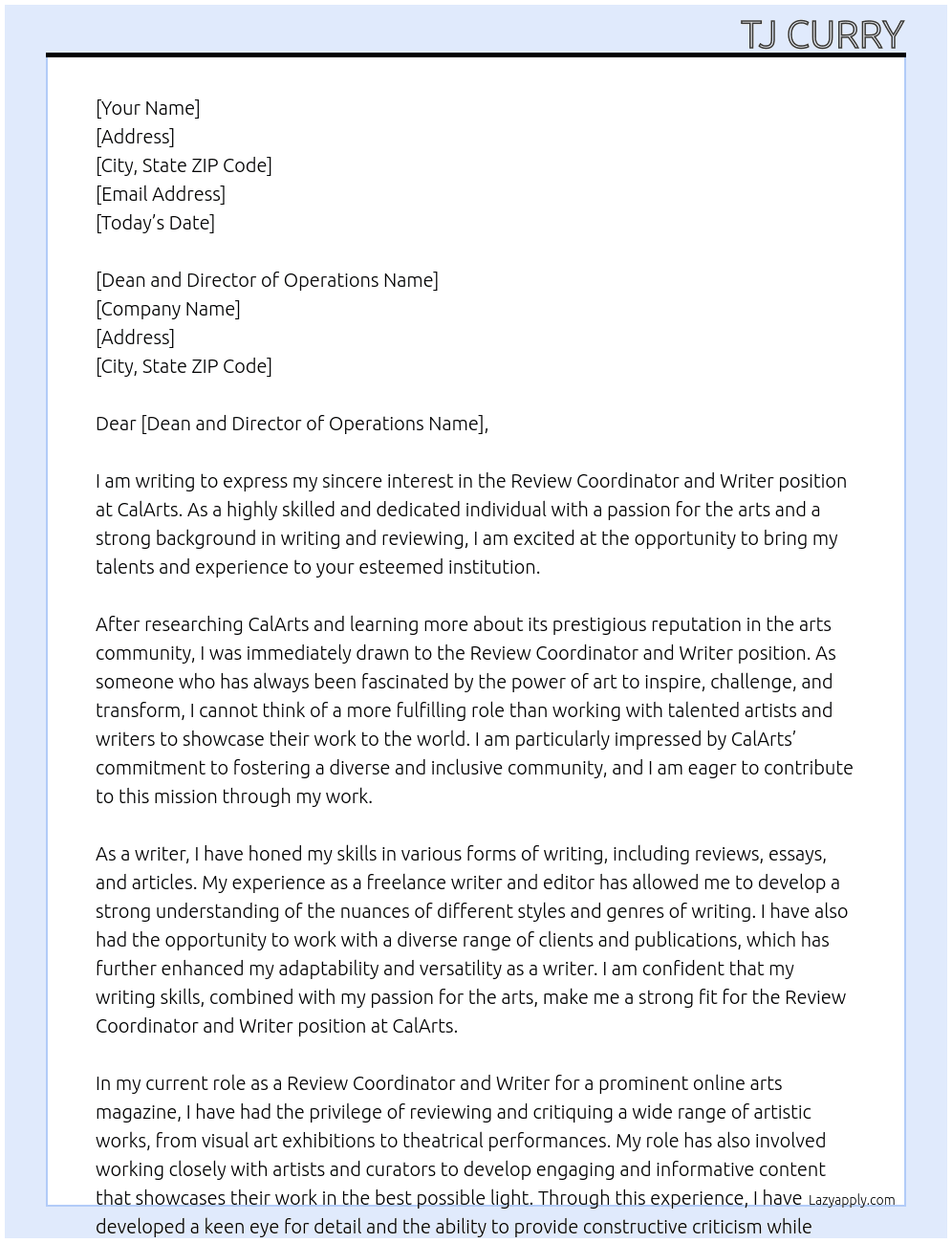 Review Coordinator and Writer At CalArts Cover Letter