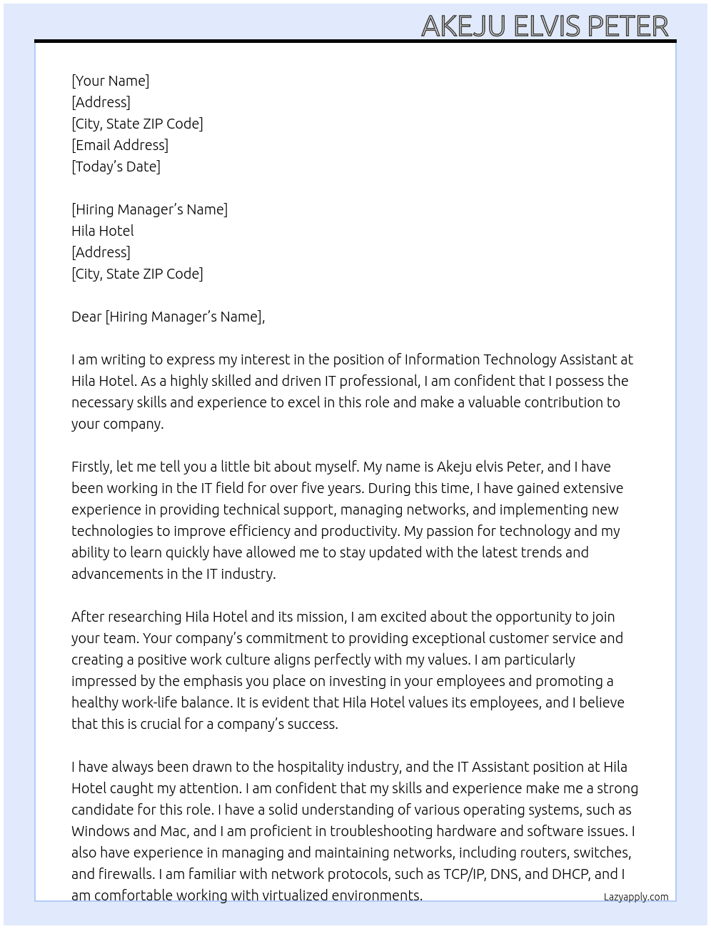 Information Technology Assistant At hila hotel Cover Letter
