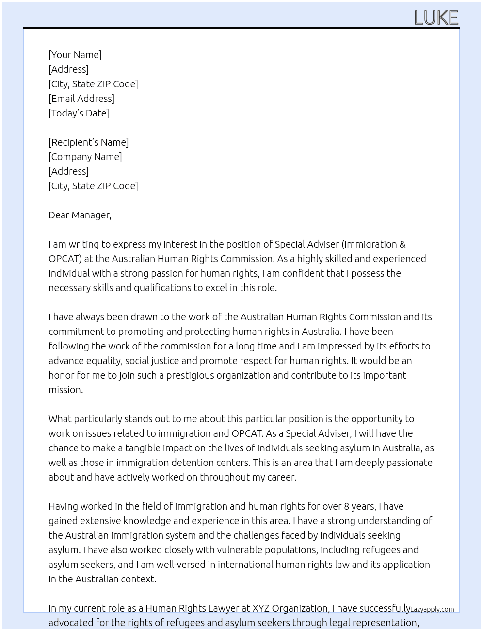 Special Adviser (Immigration & OPCAT) At Australian Human Rights Commision Cover Letter