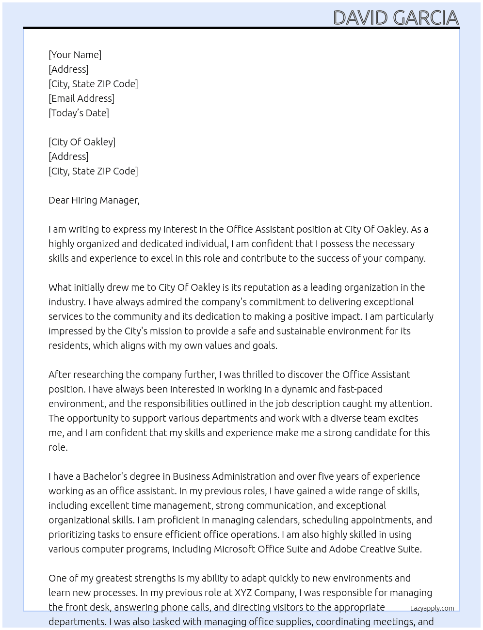 Office Assistantt At City Of Oakley Cover Letter