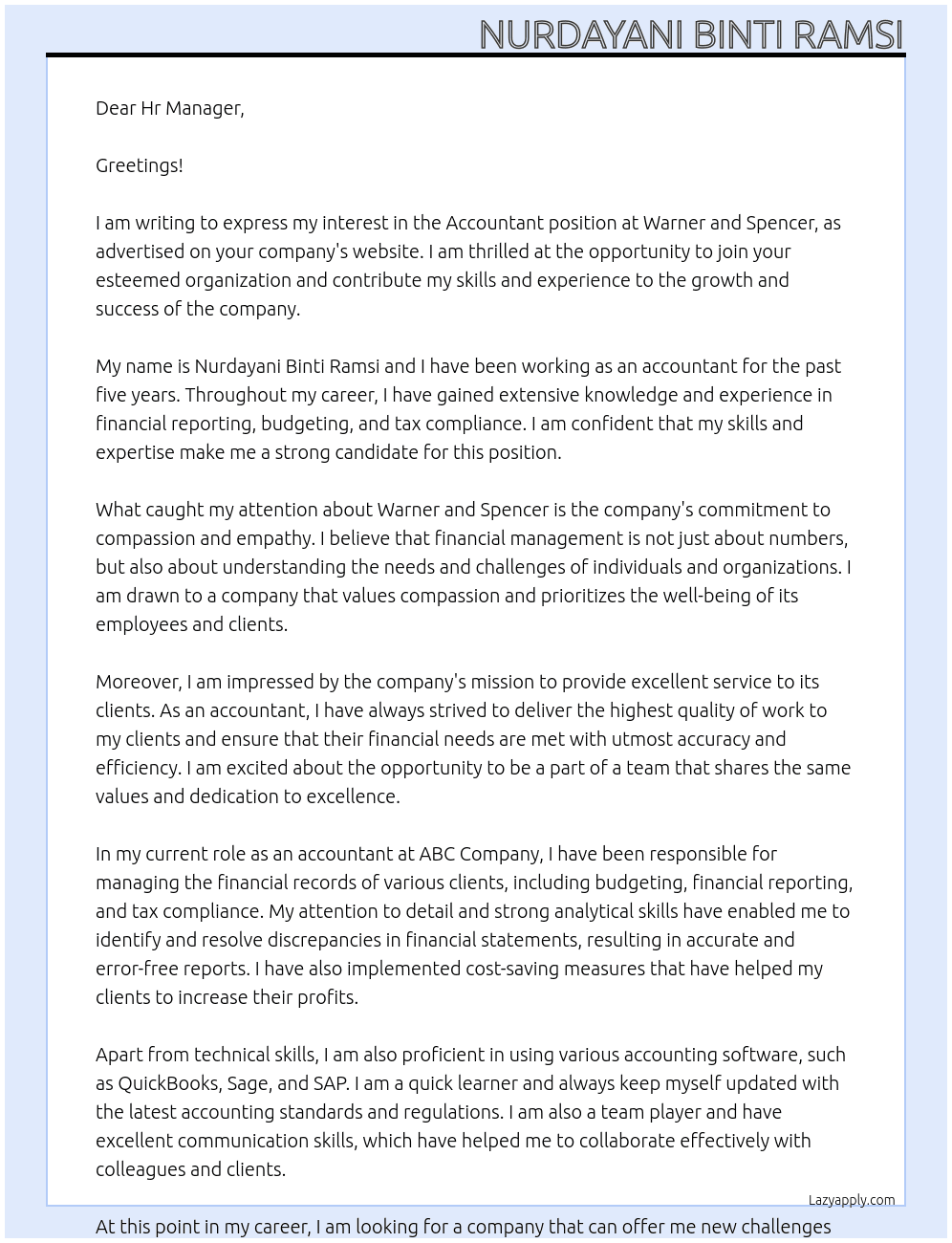 ACCOUNTANT At Warner and Spencer Cover Letter