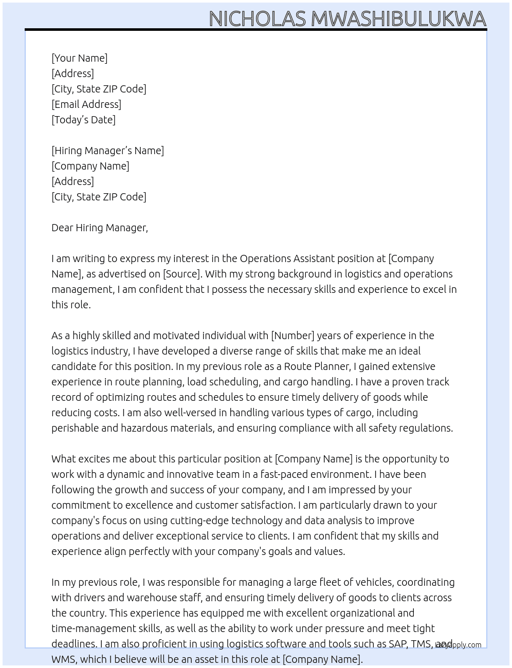 Operations Assistant  At Nicholas Mwashibulukwa Cover Letter