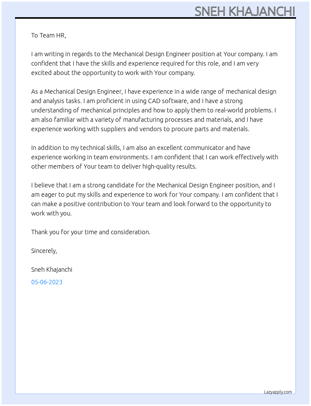Mechanical Design Engineer At Your Cover Letter