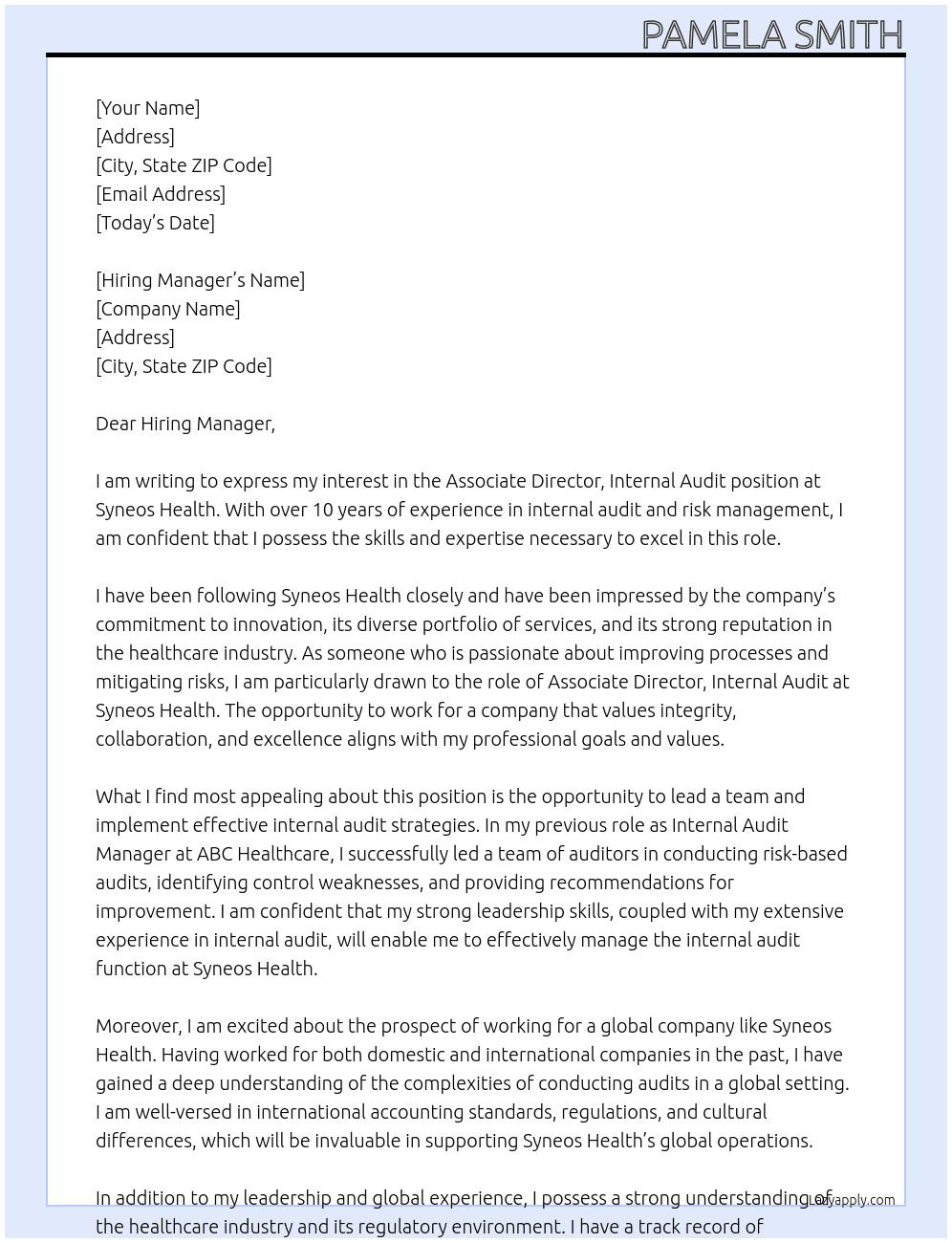 Associate Director, Internal Audit At Syneos Health Cover Letter