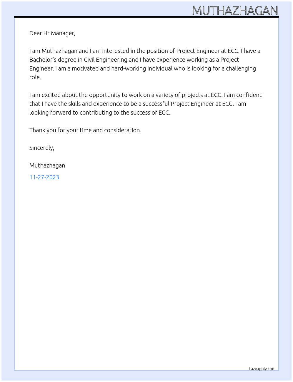 Project Engineer  At ECC Cover Letter