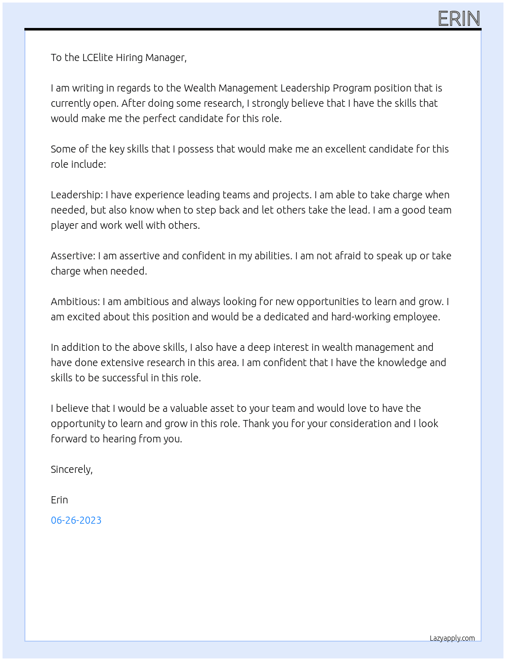 Wealth Management Leadership Program At LCElite Cover Letter
