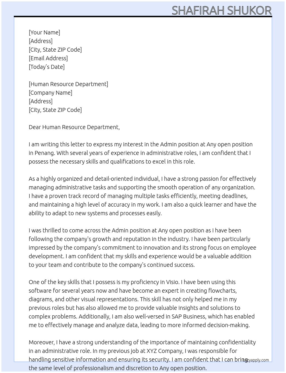 Admin At Any open position Cover Letter