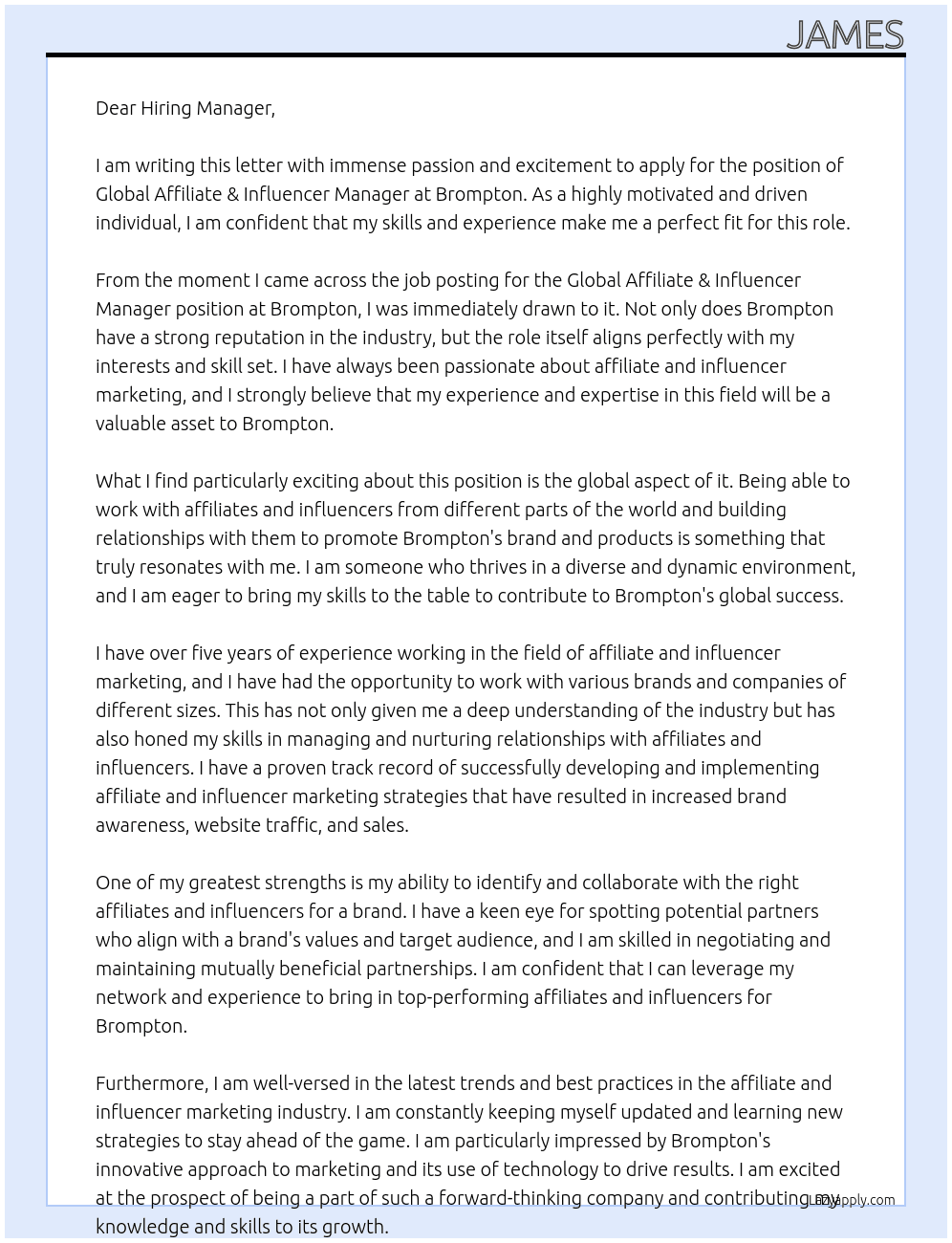 Global Affiliate & Influencer Manager At Brompton Cover Letter