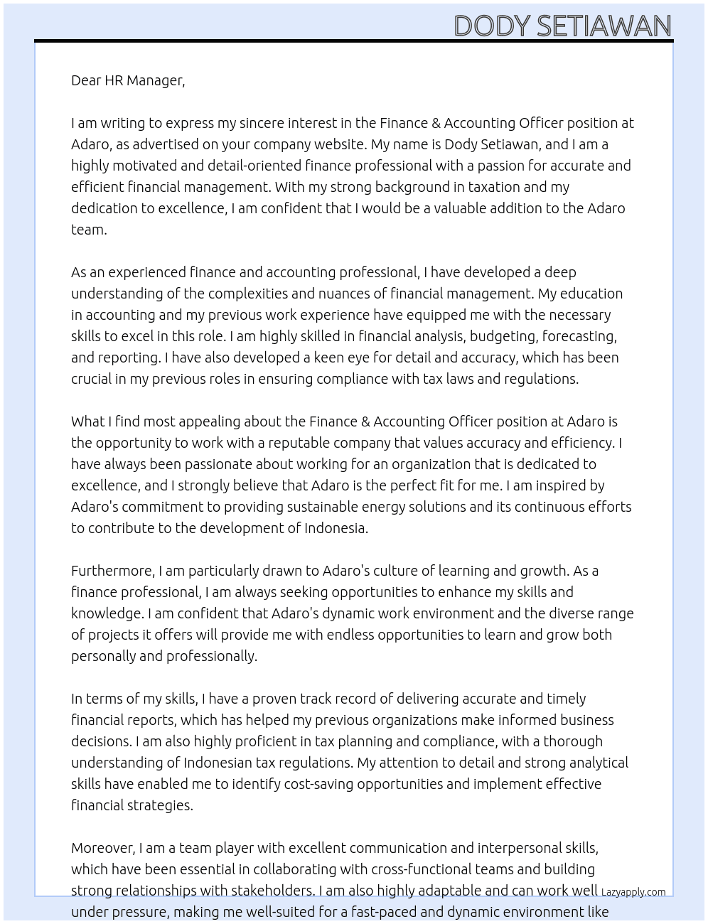 Finance & Accounting Officer At Adaro Cover Letter