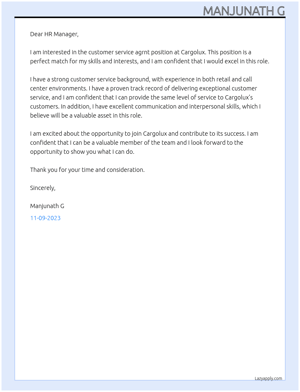 Customer service agrnt At Cargolux Cover Letter