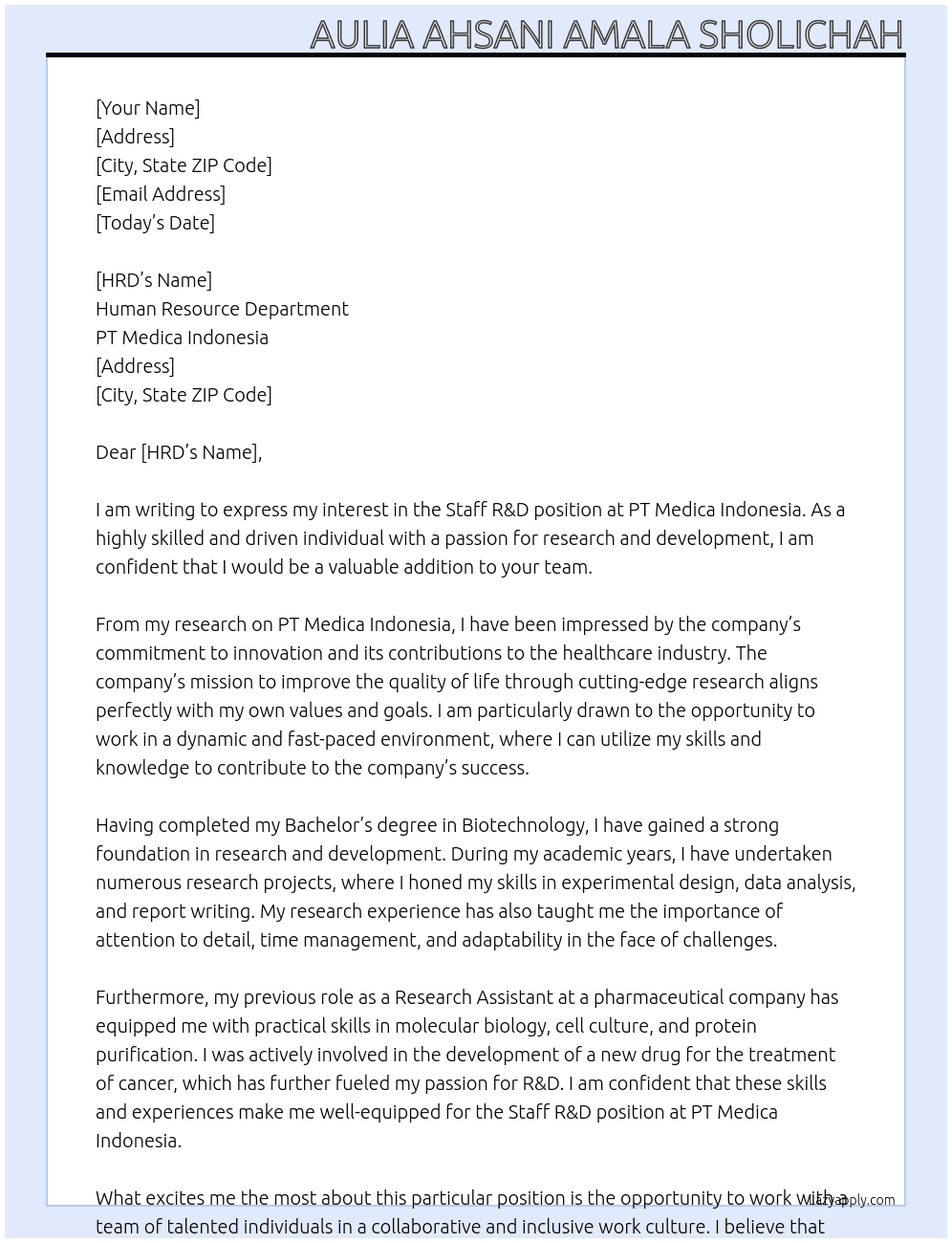 Staff R&D At PT Medica Indonesia Cover Letter