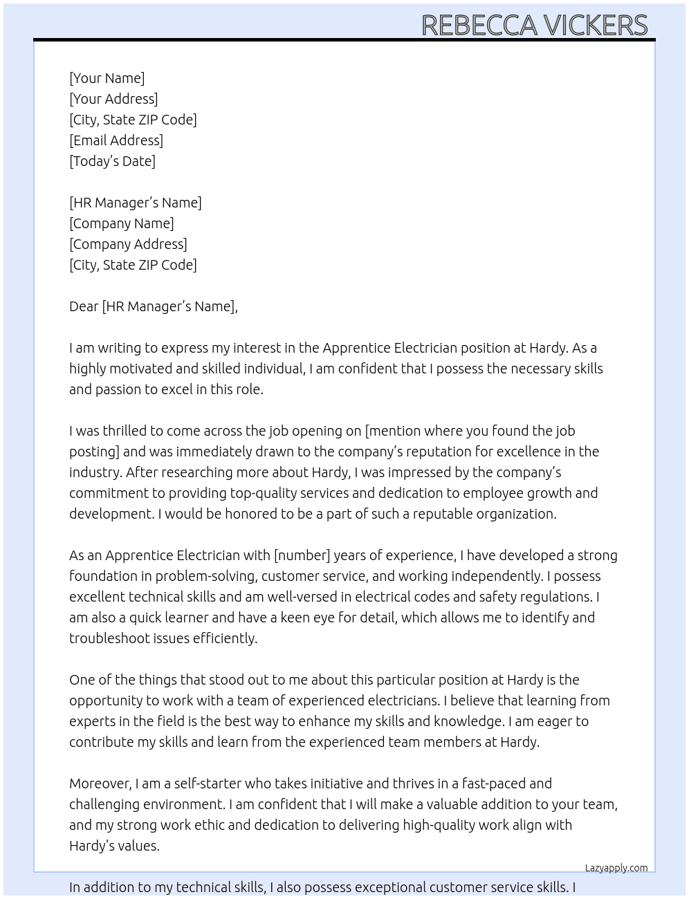 Apprentice Electrician  At hardy Cover Letter