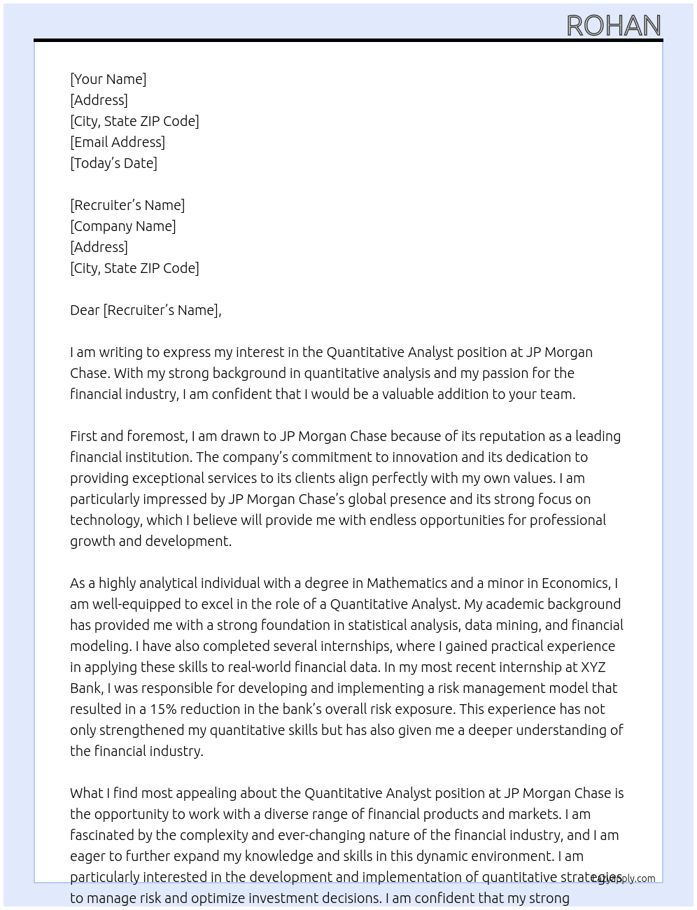 Quantitative Analyst At JP MorganChase Cover Letter