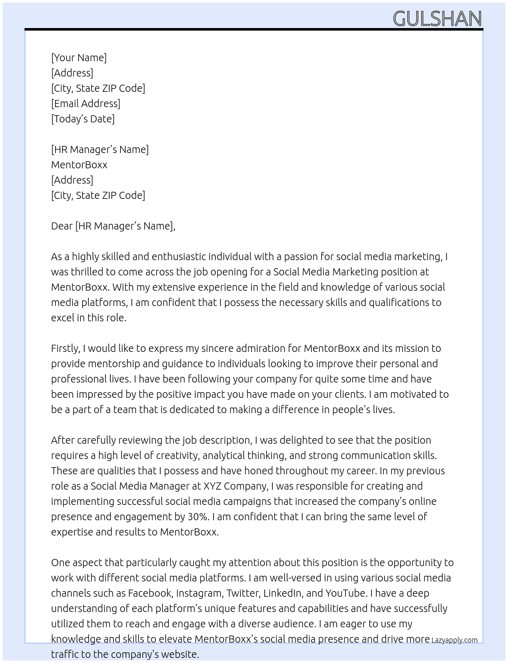 Social media marketing  At MentorBoxx Cover Letter