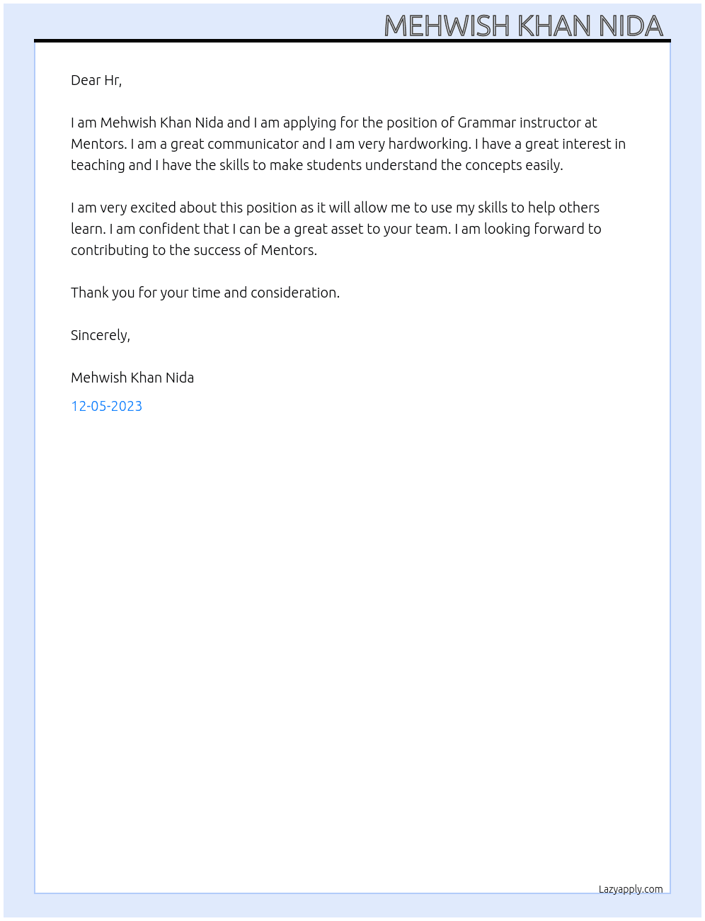 Grammar instructor  At Mentors  Cover Letter