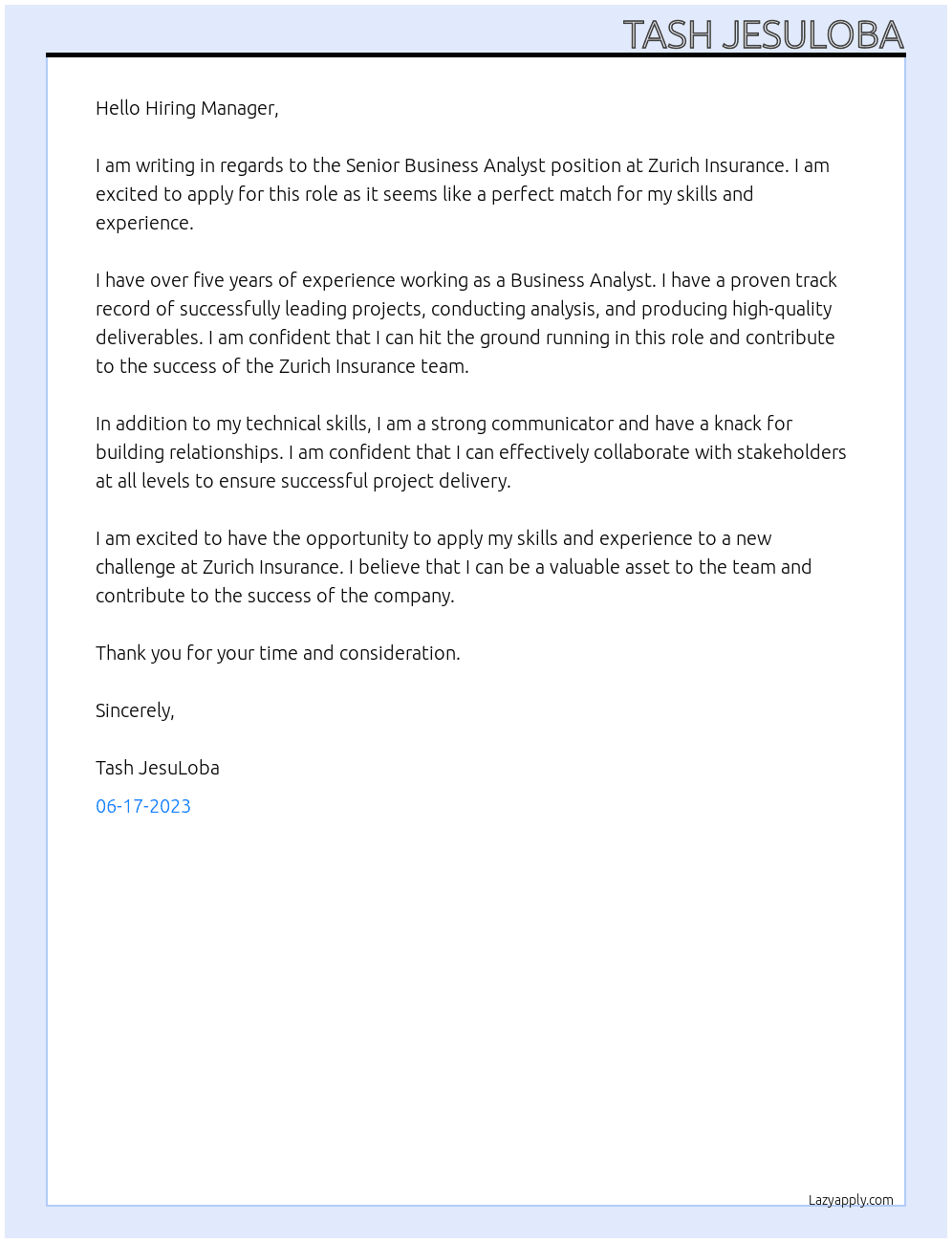 Senior Business Analyst At Zurich Insurance Cover Letter