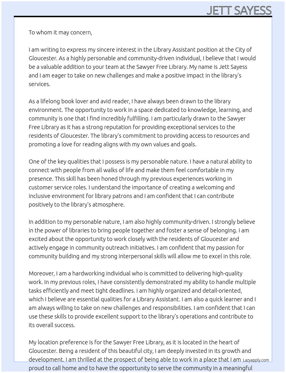 Library Assistant At City of Gloucester Cover Letter