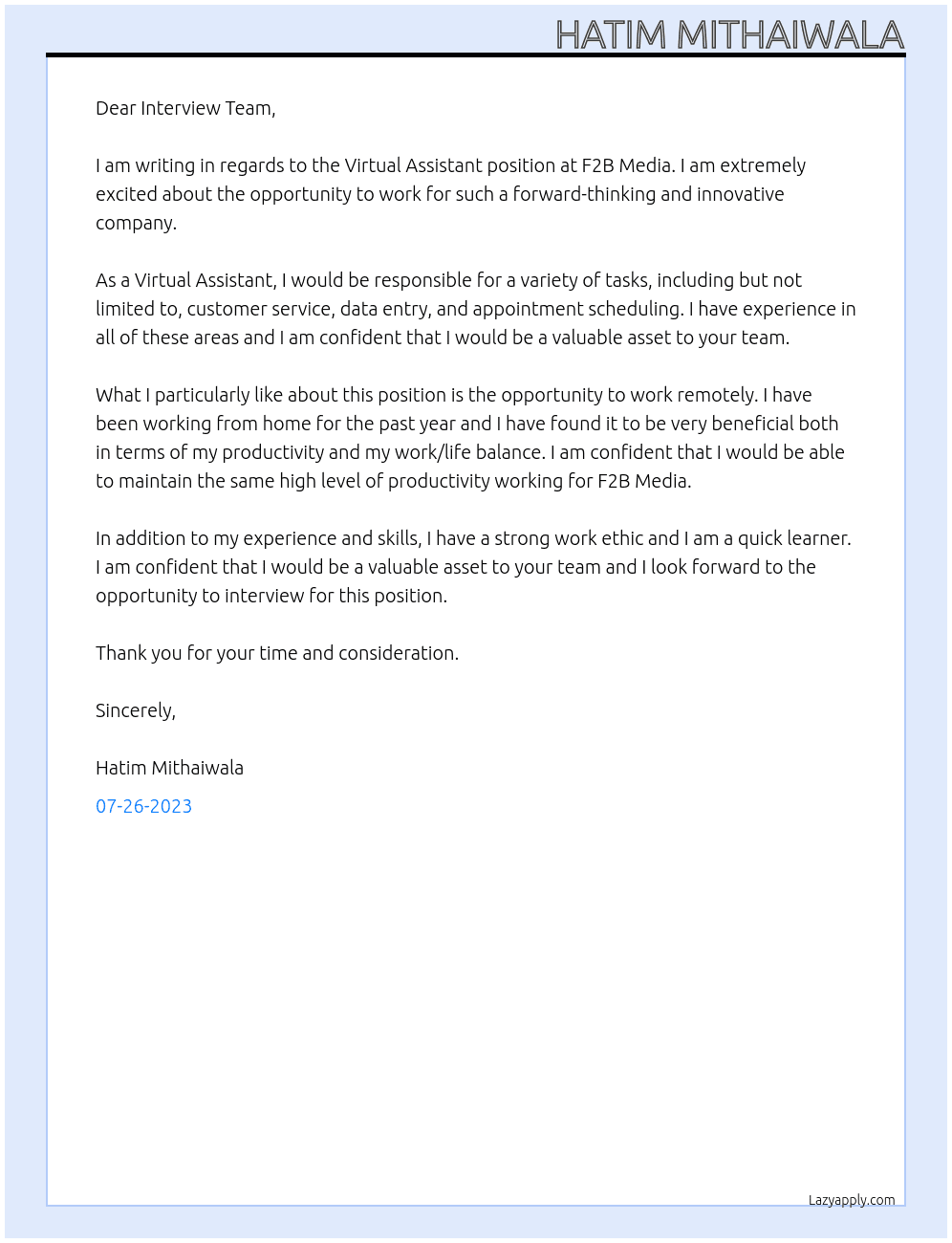 Virtual Assistant  At F2B Media Cover Letter