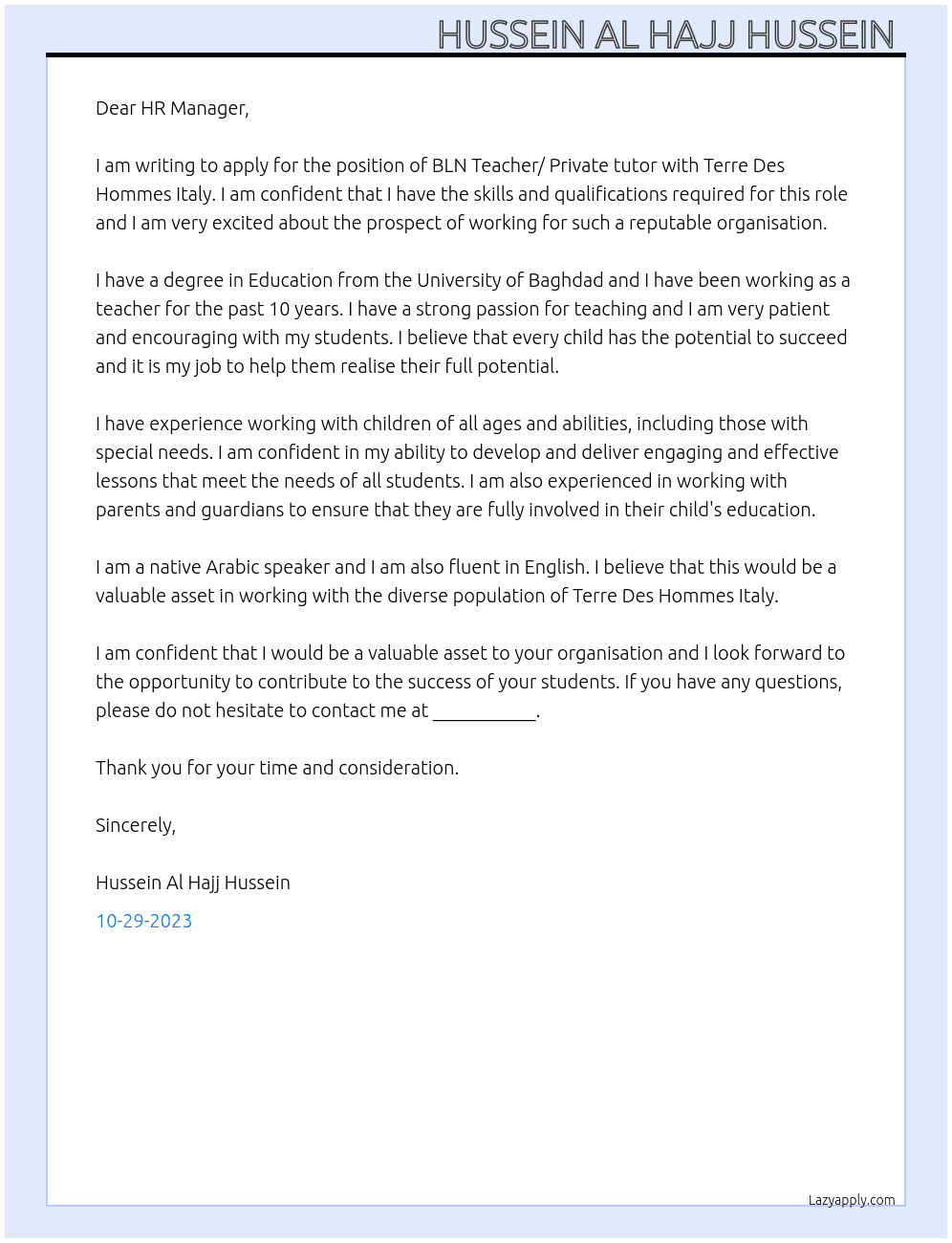 BLN Teacher/ Private tutor  At Terre Des Hommes Italy Cover Letter