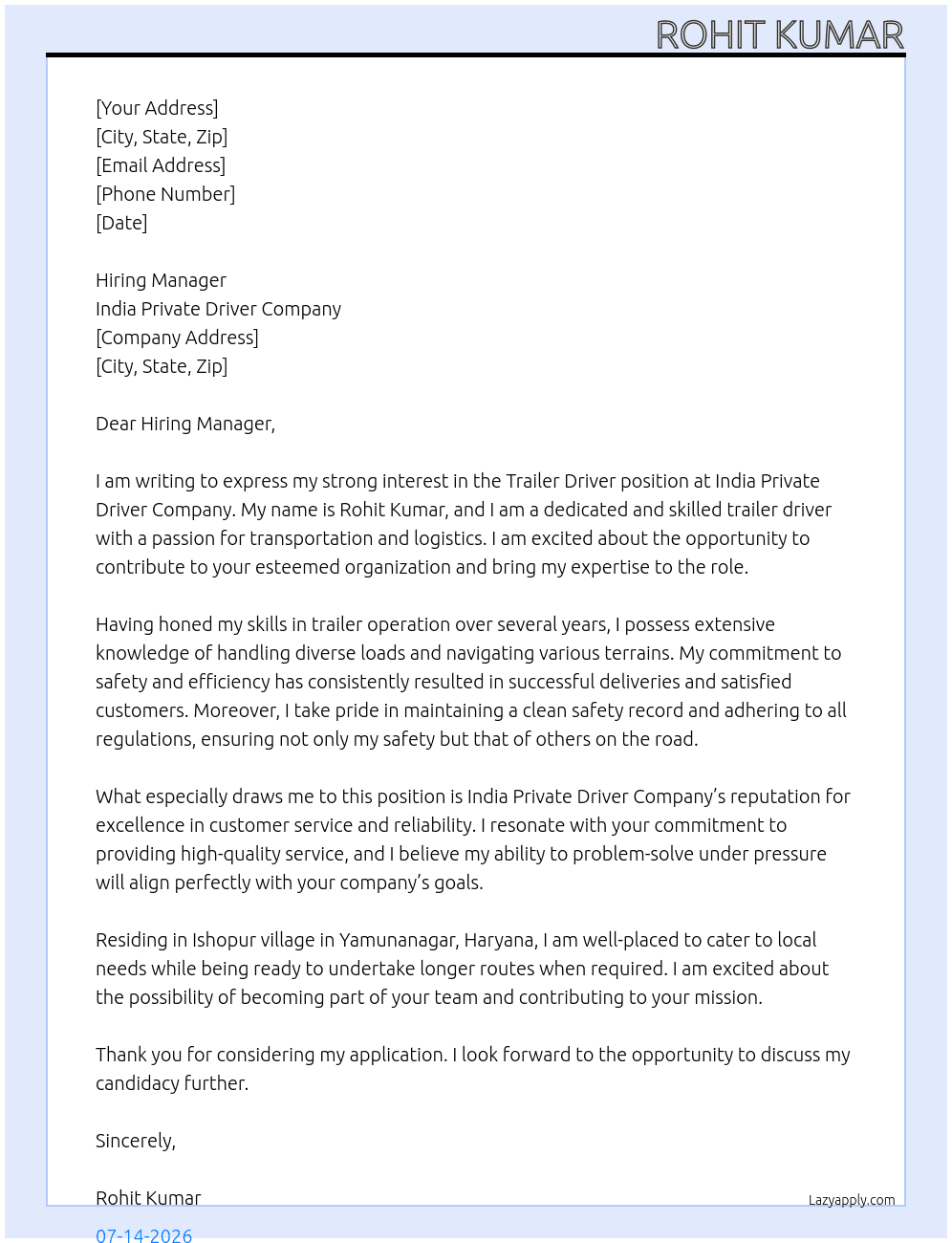 trailer driver At India private driver company Cover Letter