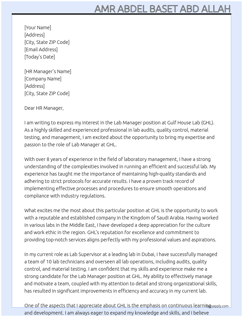 Lab Manager At Gulf House Lab(GHL) Cover Letter