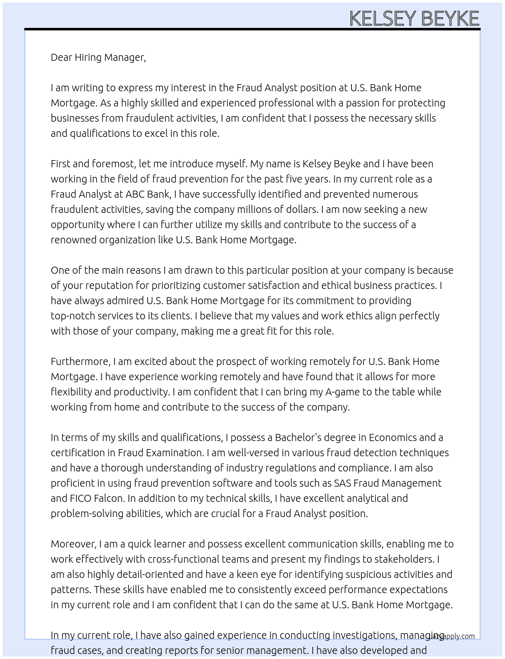 Fraud Analyst At U.S. Bank Home Mortgage Cover Letter