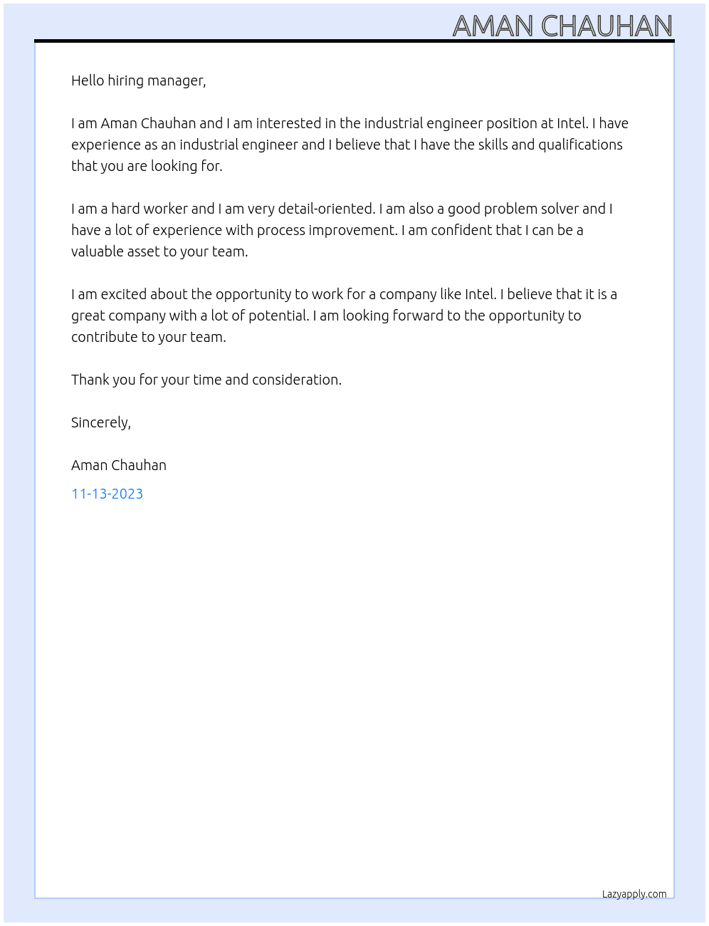 industrial engineer At Intel  Cover Letter