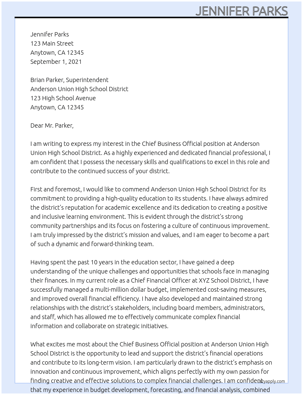 Chief Business Official At Anderson Union High School District Cover Letter