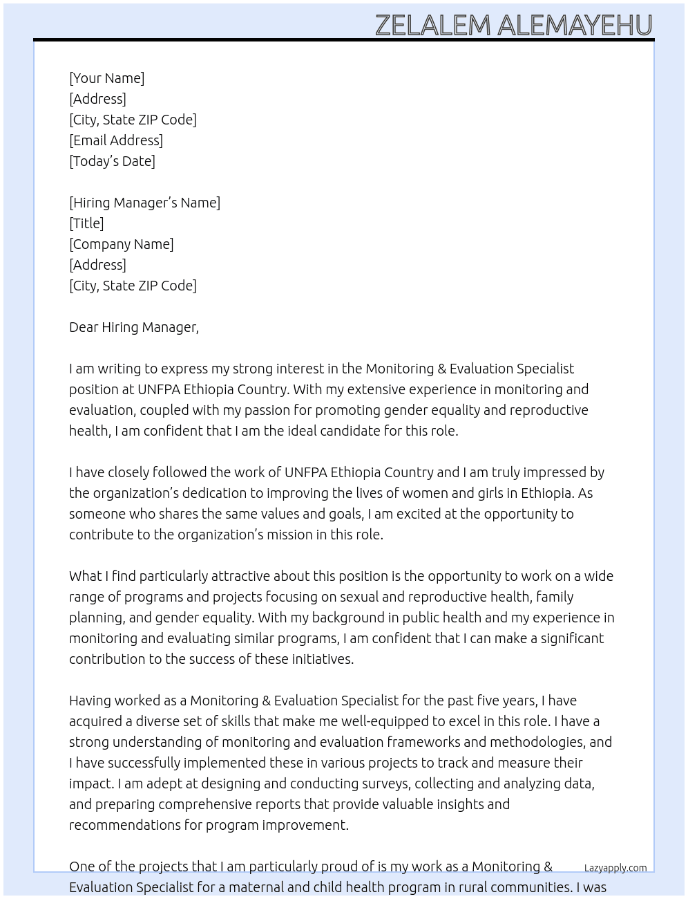 Monitoring & Evaluation Specialis At UNFPA Ethiopia Country Cover Letter