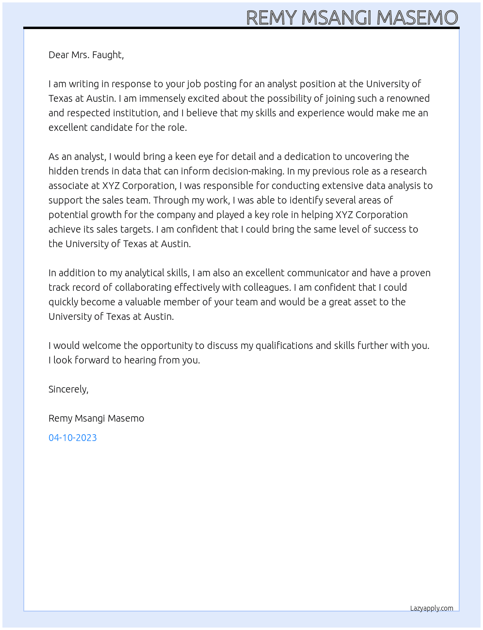 Analysts At University of Texas at Austin  Cover Letter