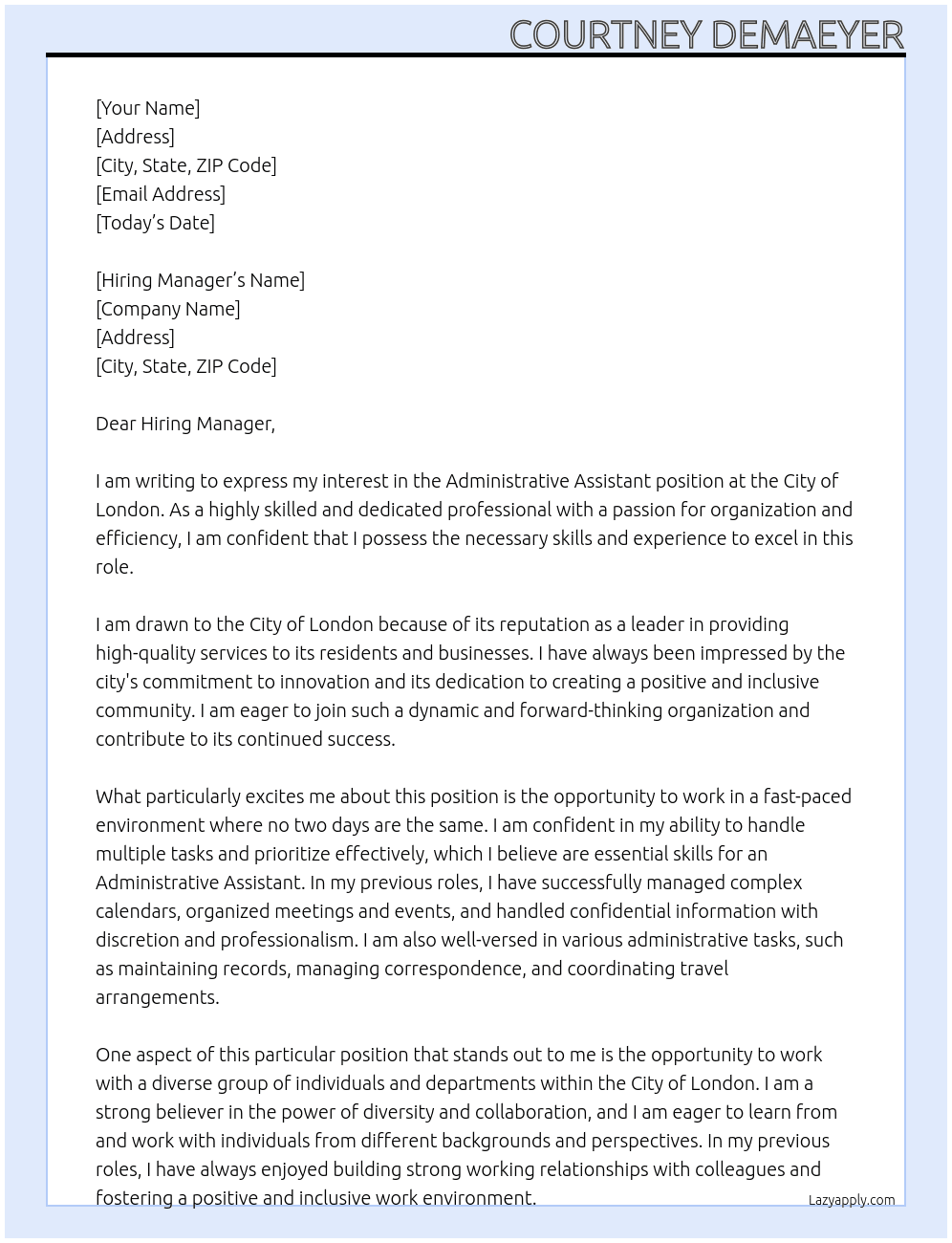 Administrative Assistant At City of London Cover Letter