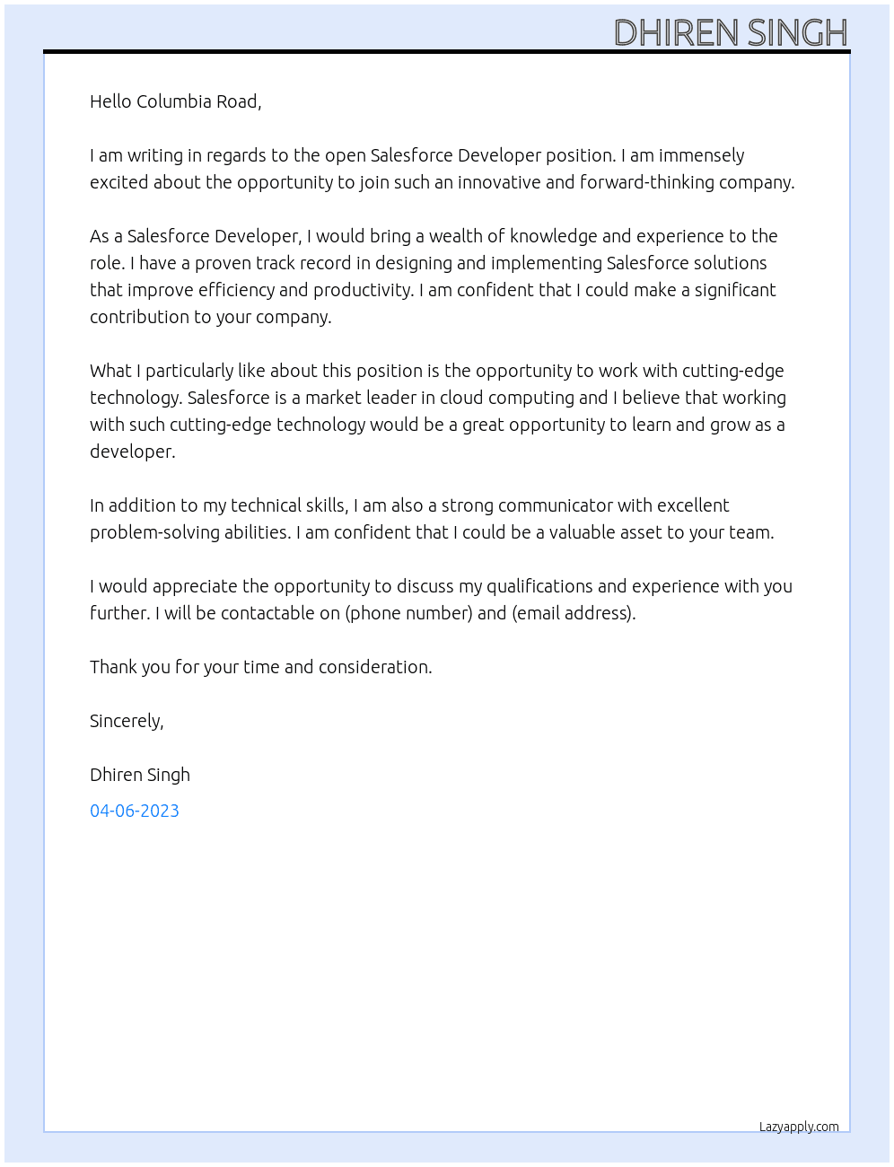 Salesforce Developer At Columbia Road  Cover Letter