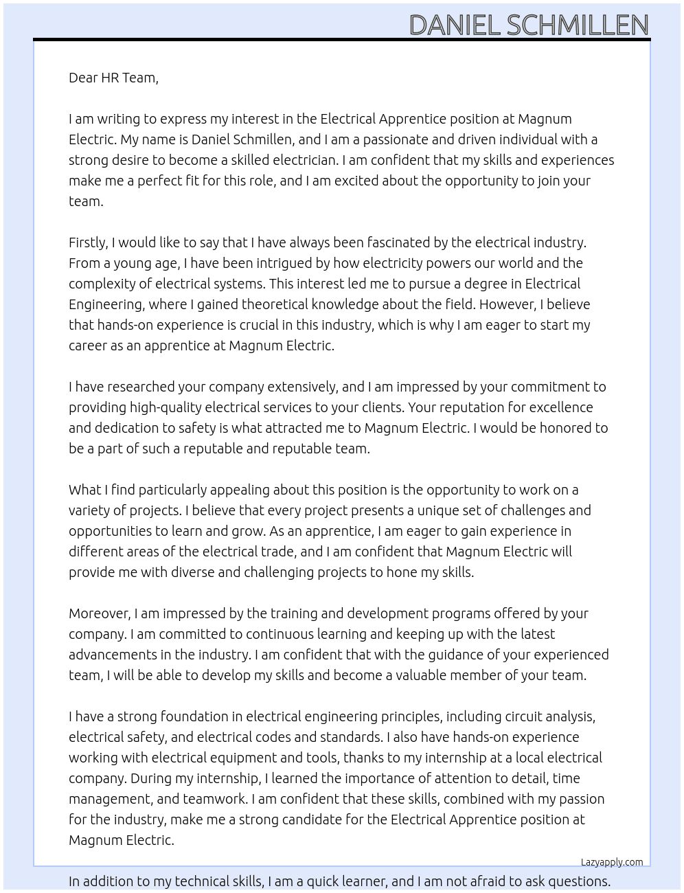 Electrical apprentice  At Magnum Electric  Cover Letter