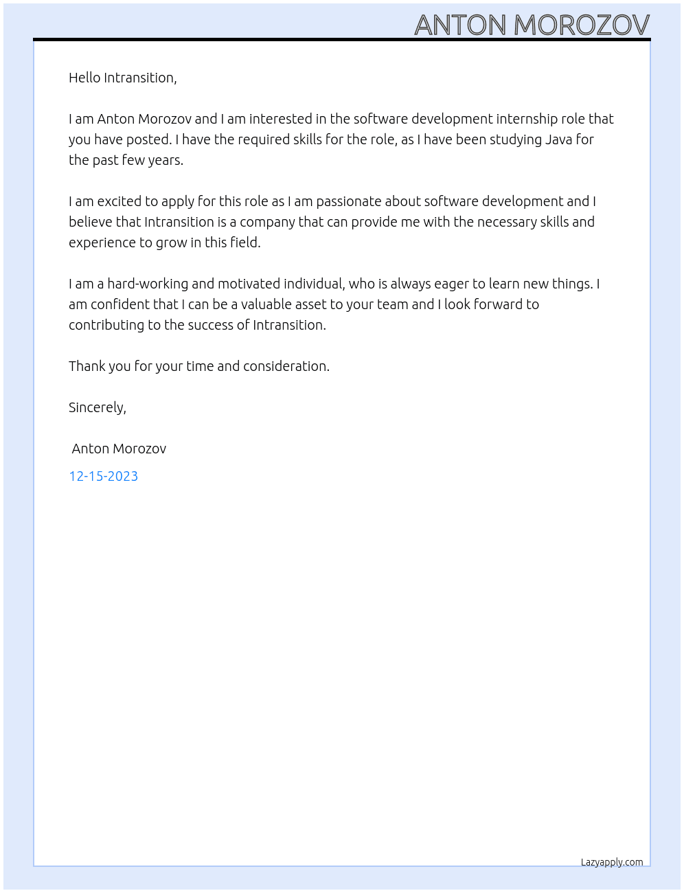 Software Development At Intransition Cover Letter