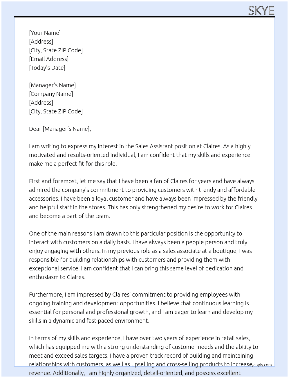 Sales Assistant At Claires Cover Letter